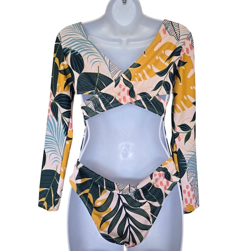 Long Sleeves Cross-Back Tropical Print Swimsuit Size M Summer Vacation UPF 50+ - Picture 6 of 10